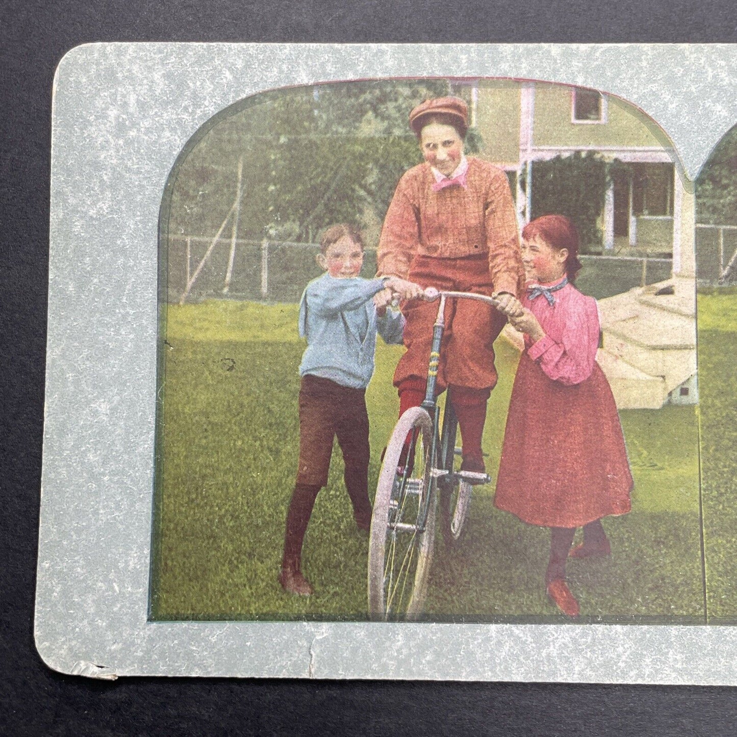 Antique 1898 Woman Learning To Ride A Bicycle Stereoview Photo Card P1253