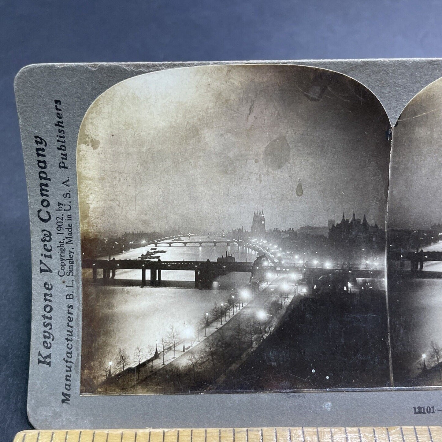 Antique 1909 London Night View Thames River Stereoview Photo Card P1907