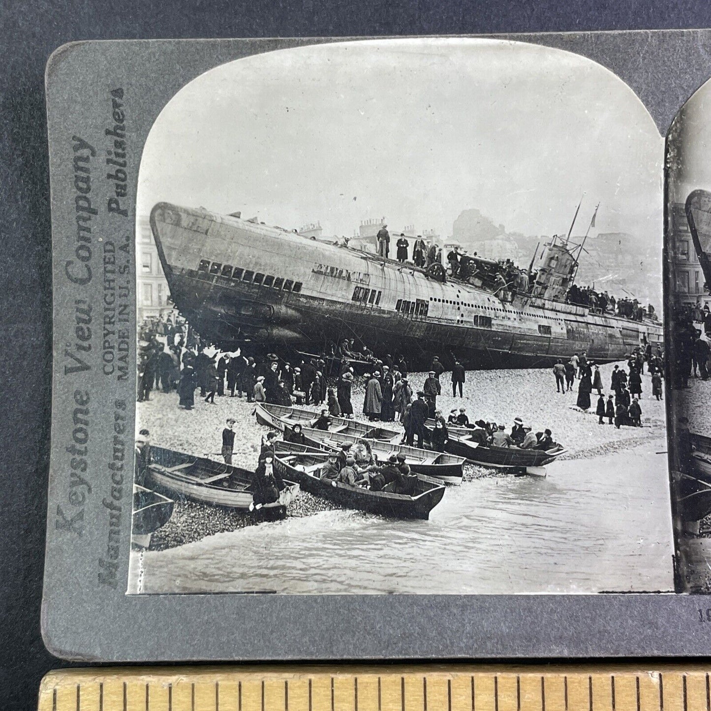 German U-Boat Crashes Into Shore Stereoview World War I WW1 Antique c1918 Y155