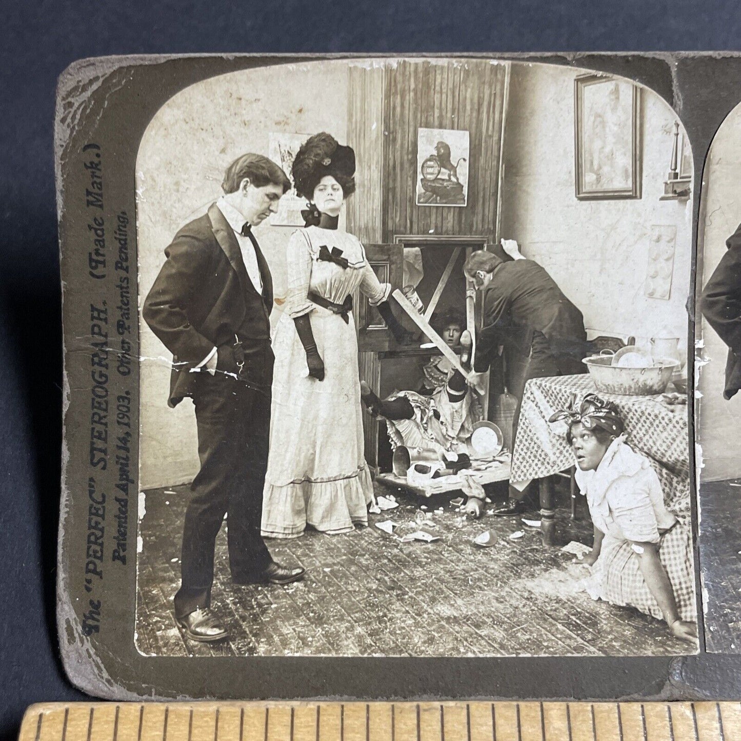 Antique 1903 Maid Hides Under Table Stereoview Photo Card P4742