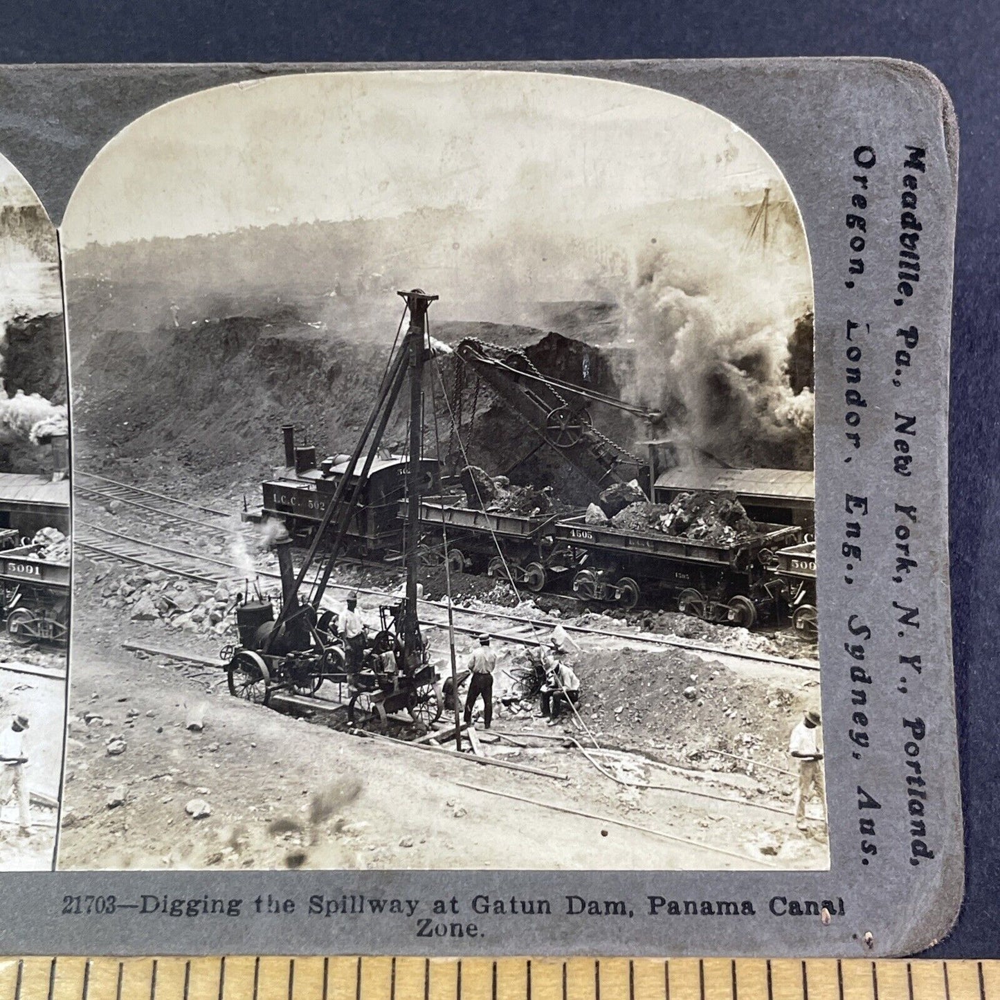 Primitive Steam Construction Excavator Stereoview Antique c1910 Y2813