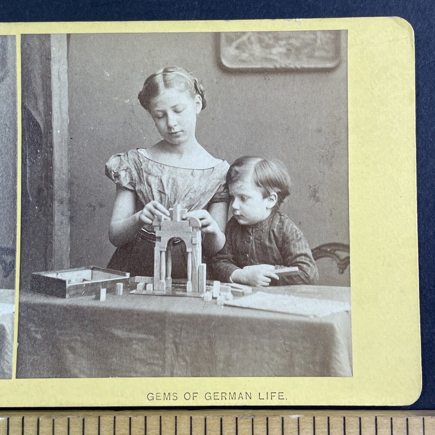 German Children Stacking Wood Blocks Stereoview Antique c1870 X3212