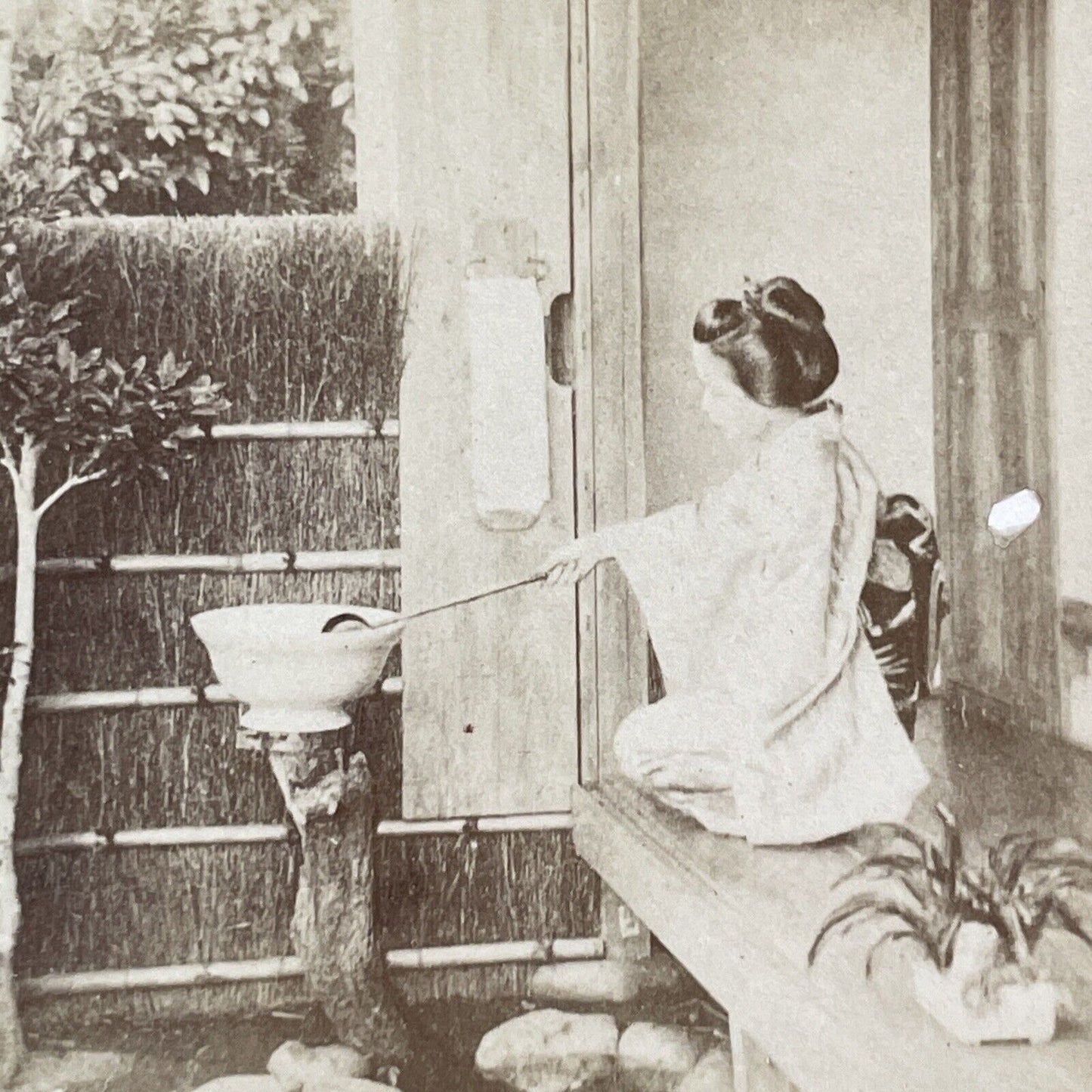 Geisha In Japanese Tea House Stereoview Kusakabe Kimbei Antique c1870 X3115 RARE