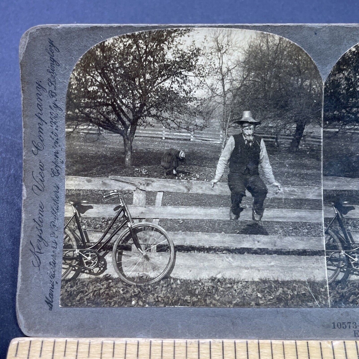 Antique 1900 A Poor Old Farmer Sits On A Fence Stereoview Photo Card P2643