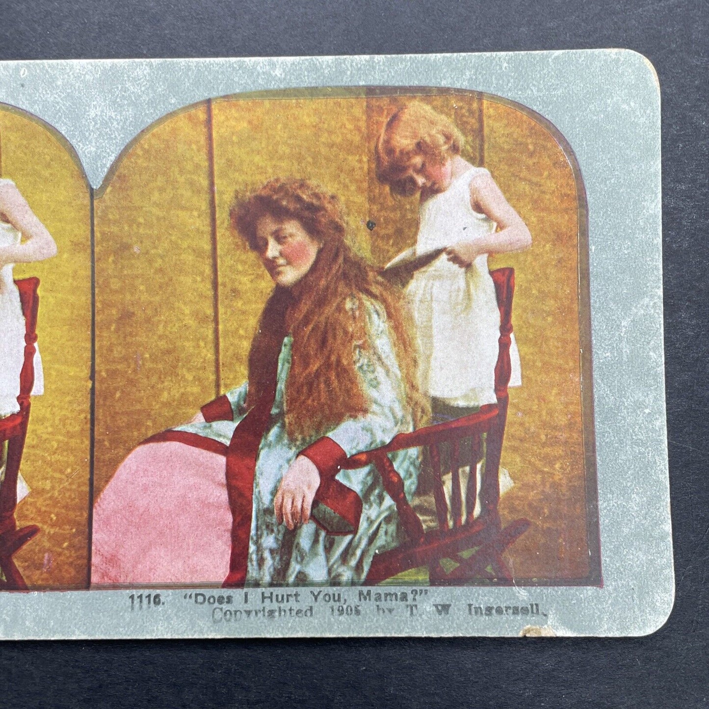 Antique 1905 Girl Braids Her Mother's Hair Stereoview Photo Card P1242