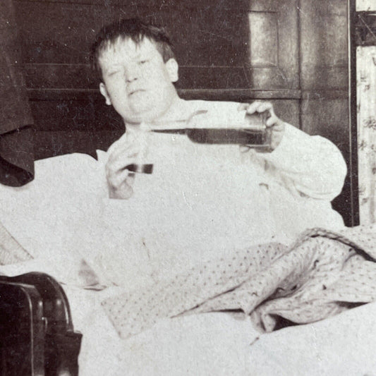 Antique 1895 Boy Wakes Up Drinking Whiskey Stereoview Photo Card P1642