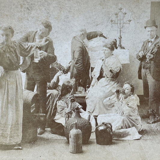 Antique 1890s People Getting Drunk At A Funeral Stereoview Photo Card P2586