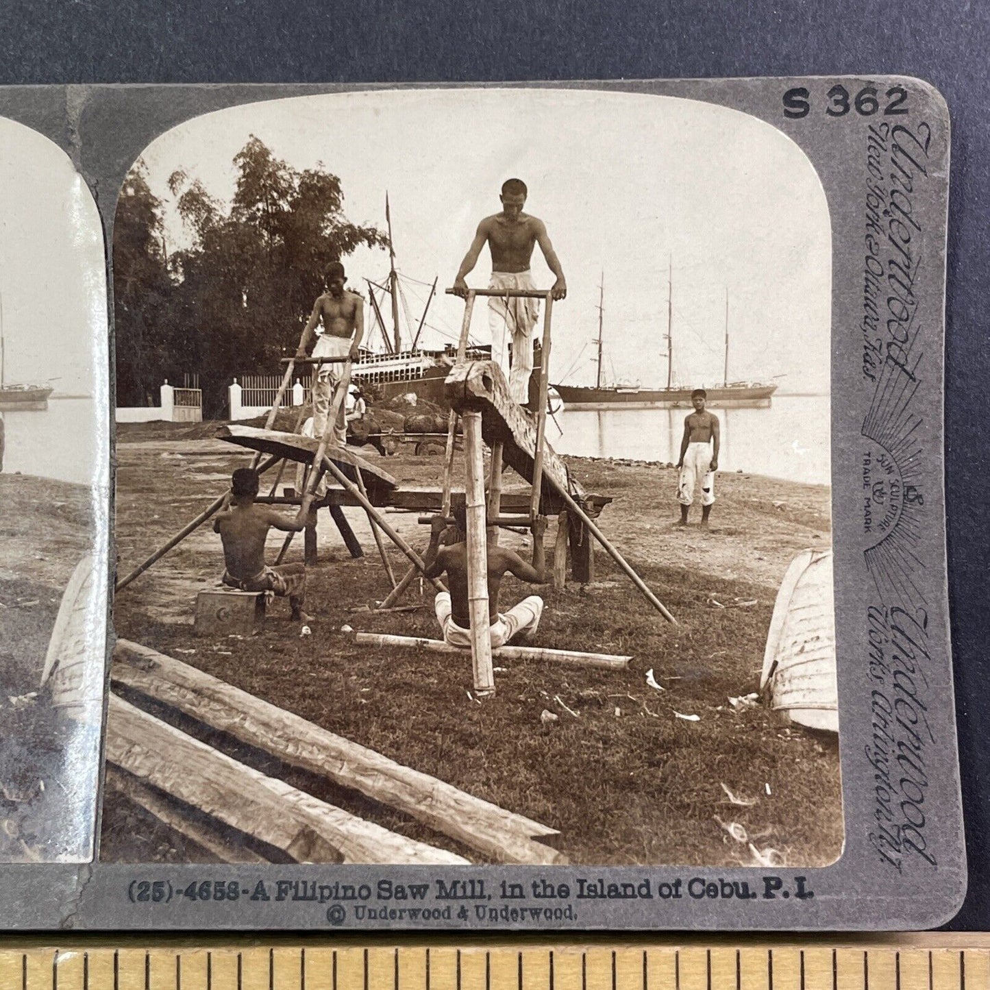 Hand-Powered Sawmill Stereoview Cebu The Philippines Antique c1899 Y492