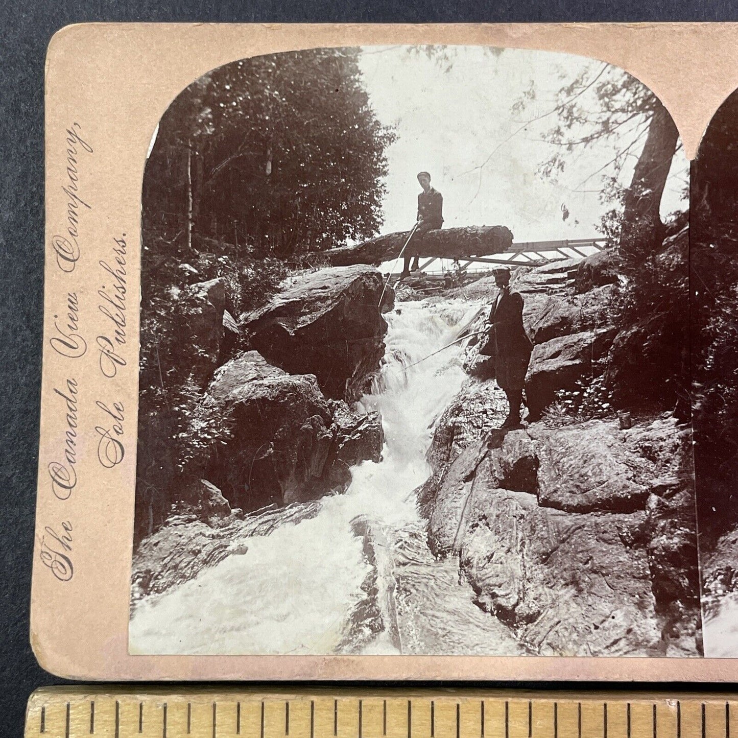 Fishing in Bala Ontario Canada Stereoview Muskoka River Antique c1899 Y476