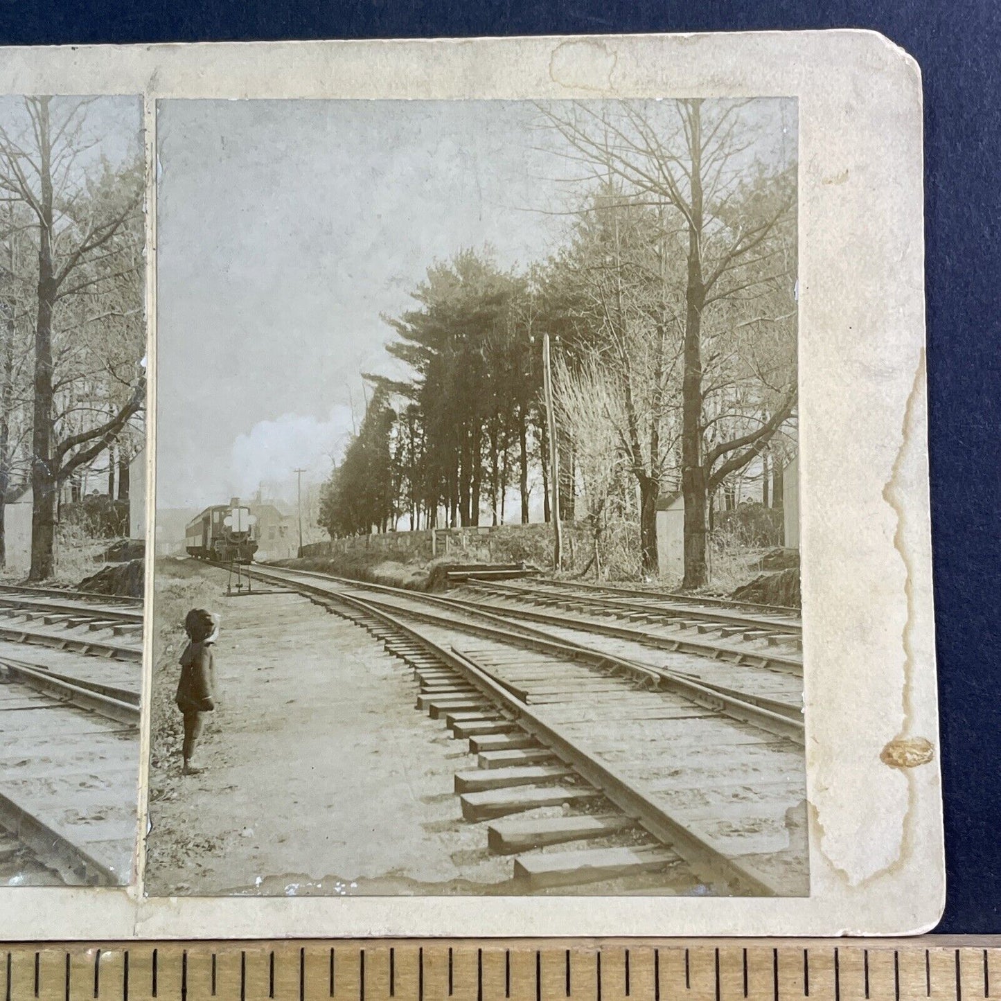 Child Near Passenger Train Tracks Stereoview Philadelphia? Antique c1875 X1615