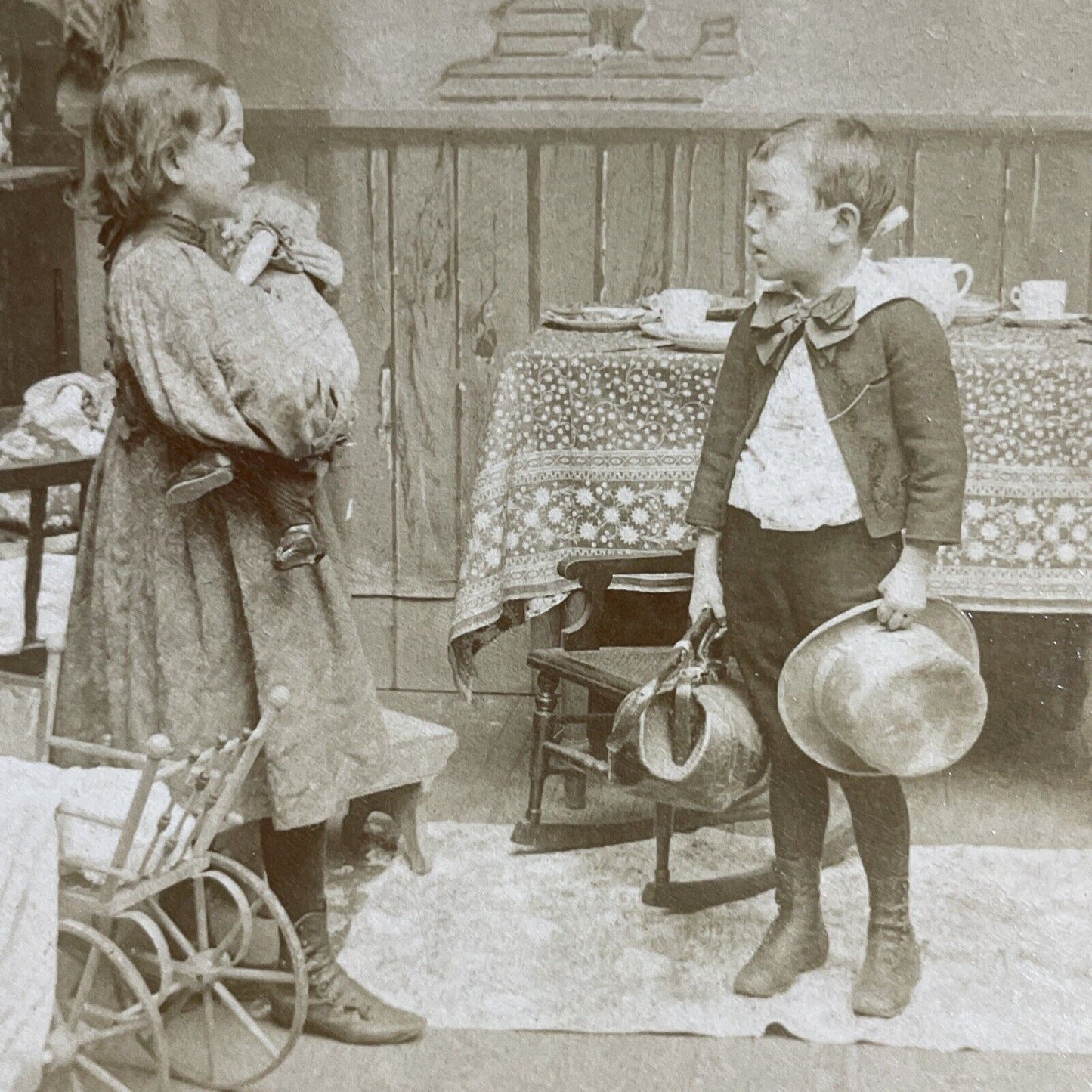 Antique 1897 Children Play Doctor In House Stereoview Photo Card P4633