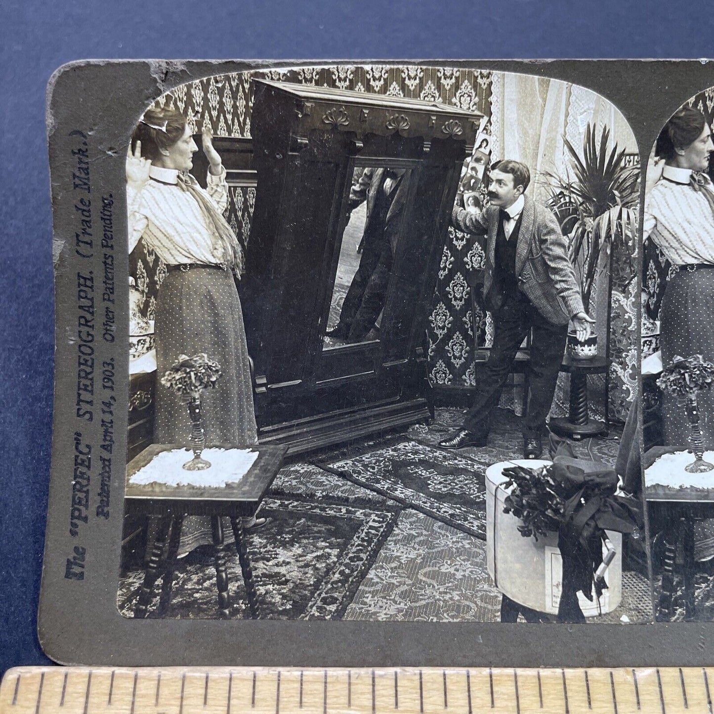 Antique 1903 Man Tips Armoire During Argument Stereoview Photo Card P2699