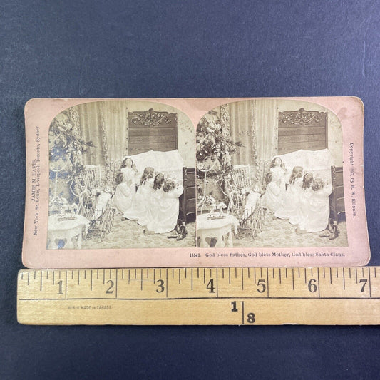 Children Pray That Santa Claus Arrives Stereoview Christmas Antique c1897 X3522