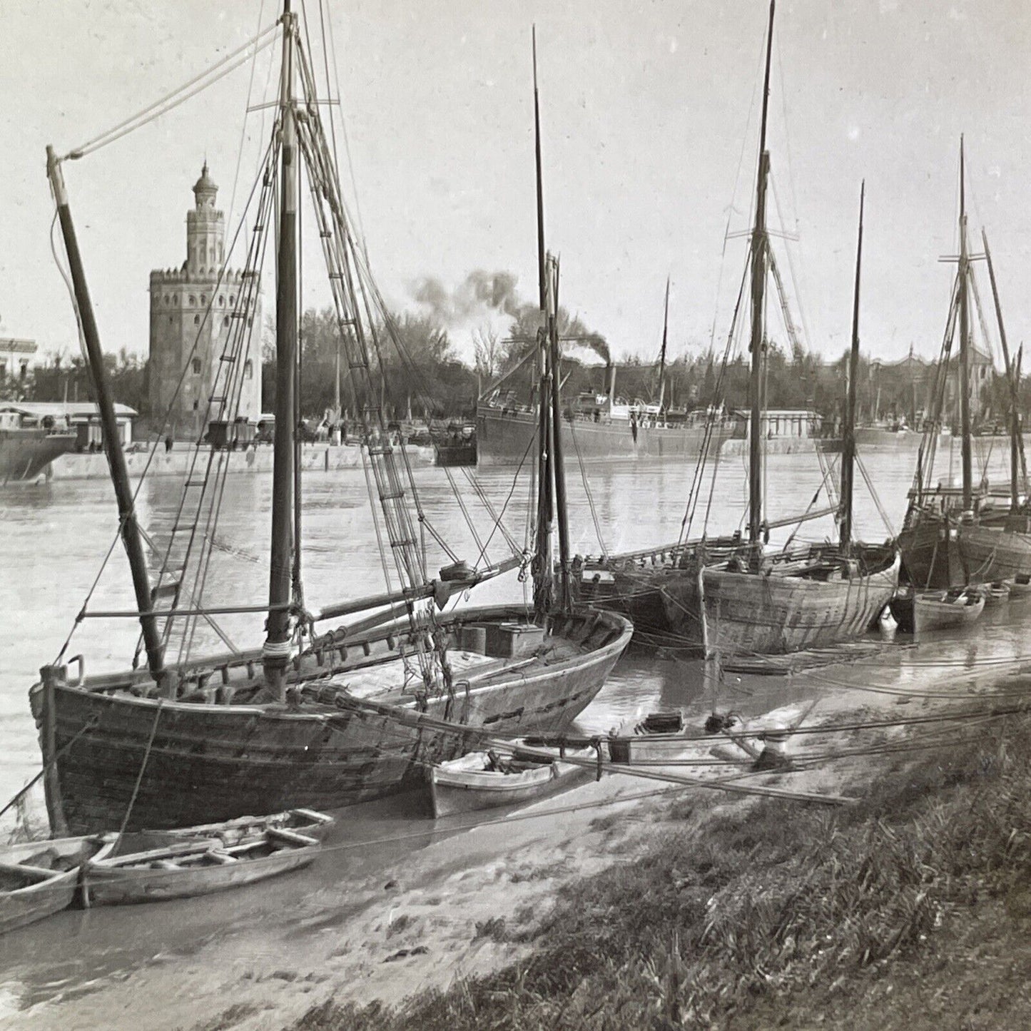 Tower of Gold Seville Spain Stereoview Harbor View Antique c1908 X4212