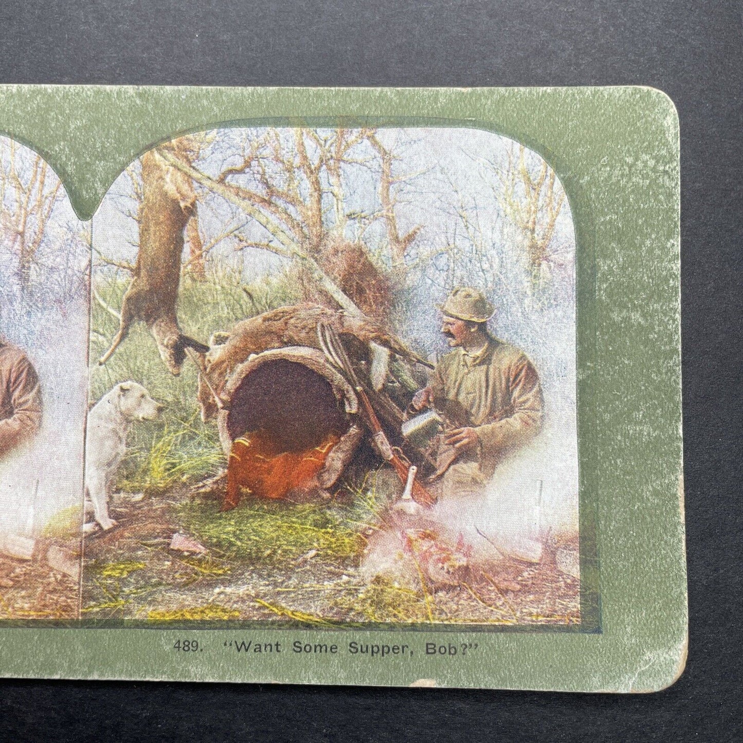 Antique 1899 Deer Hunter & Dog In Camp Stereoview Photo Card P580-070