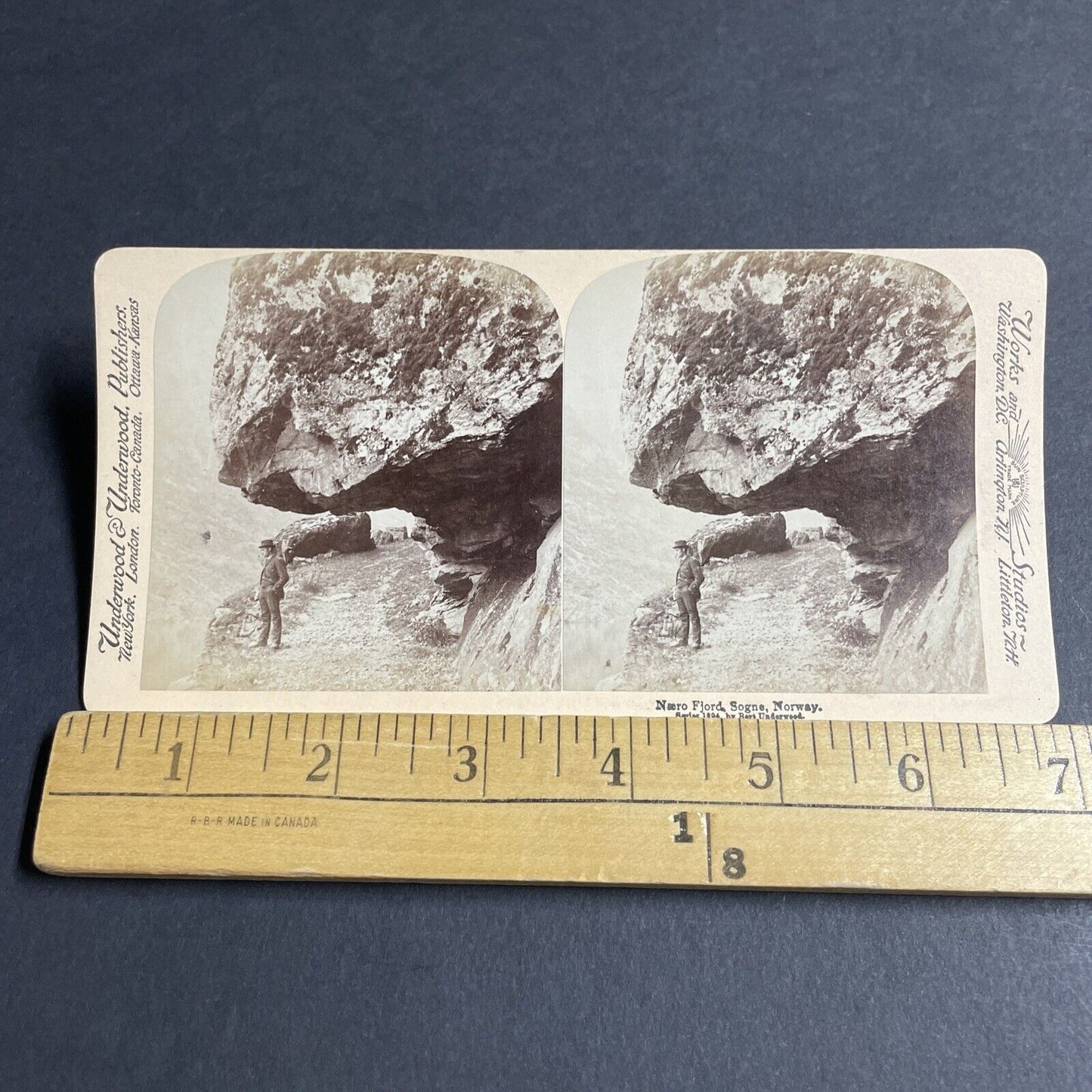 Antique 1894 Man Standing Under Big Rock Sogne Norway Stereoview Photo Card 4591