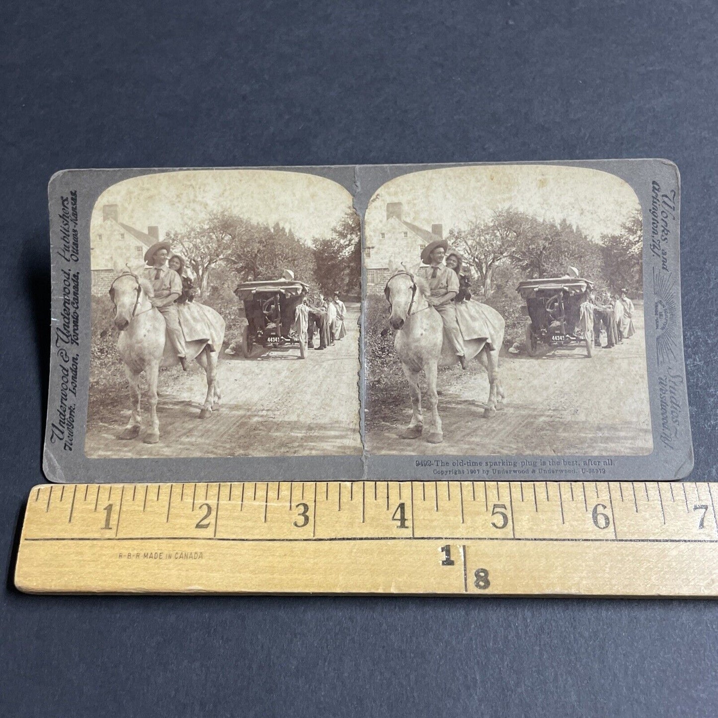 Antique 1907 Cowboy Helps Woman After Car Accident Stereoview Photo Card P4666