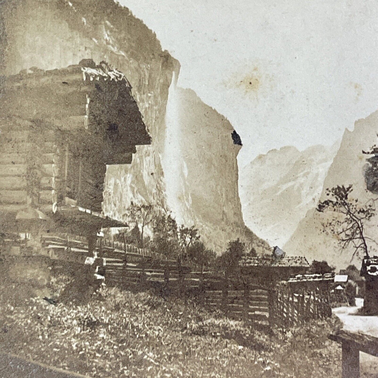 Village of Lauterbrunnen Switzerland Staubbach Falls Stereoview c1855 Y1120