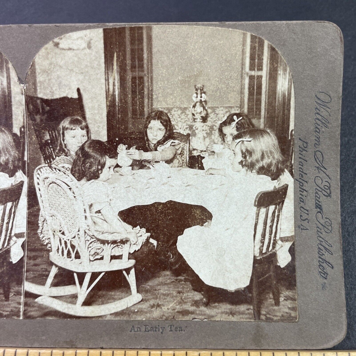 Antique 1890s Children Girls Having A Tea Party Stereoview Photo Card P3336