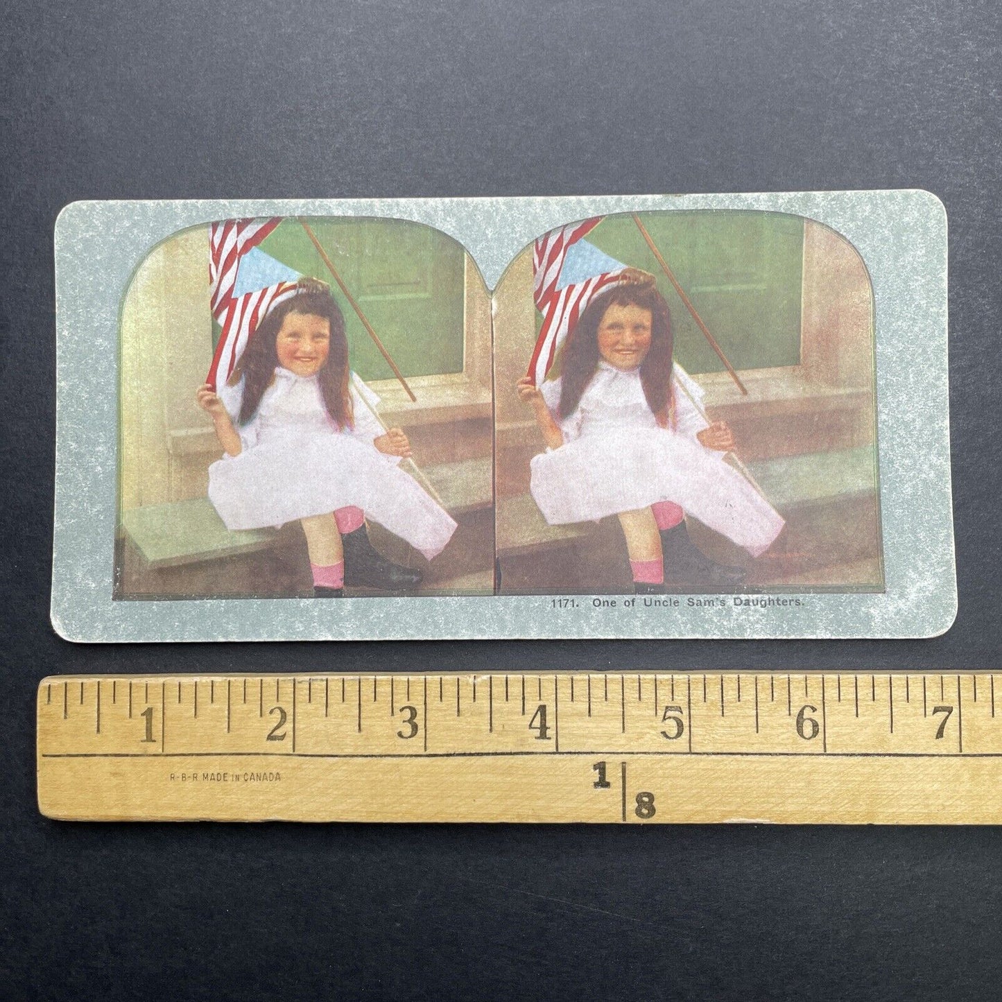 Antique 1899 Little Girl Proud Of Flag And Country Stereoview Photo Card P1259