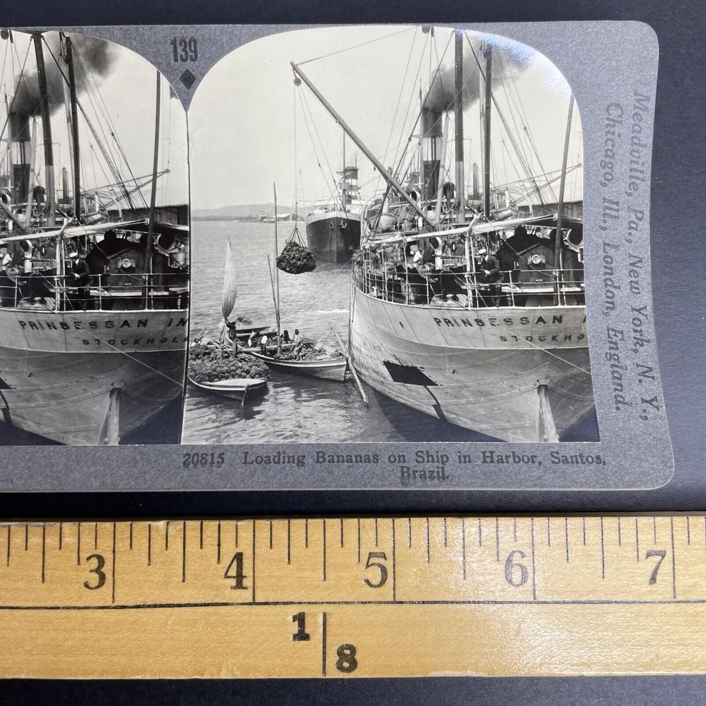 Antique 1908 Prinsessan Ingeborg Ship Loading Bananas Stereoview Photo Card P916