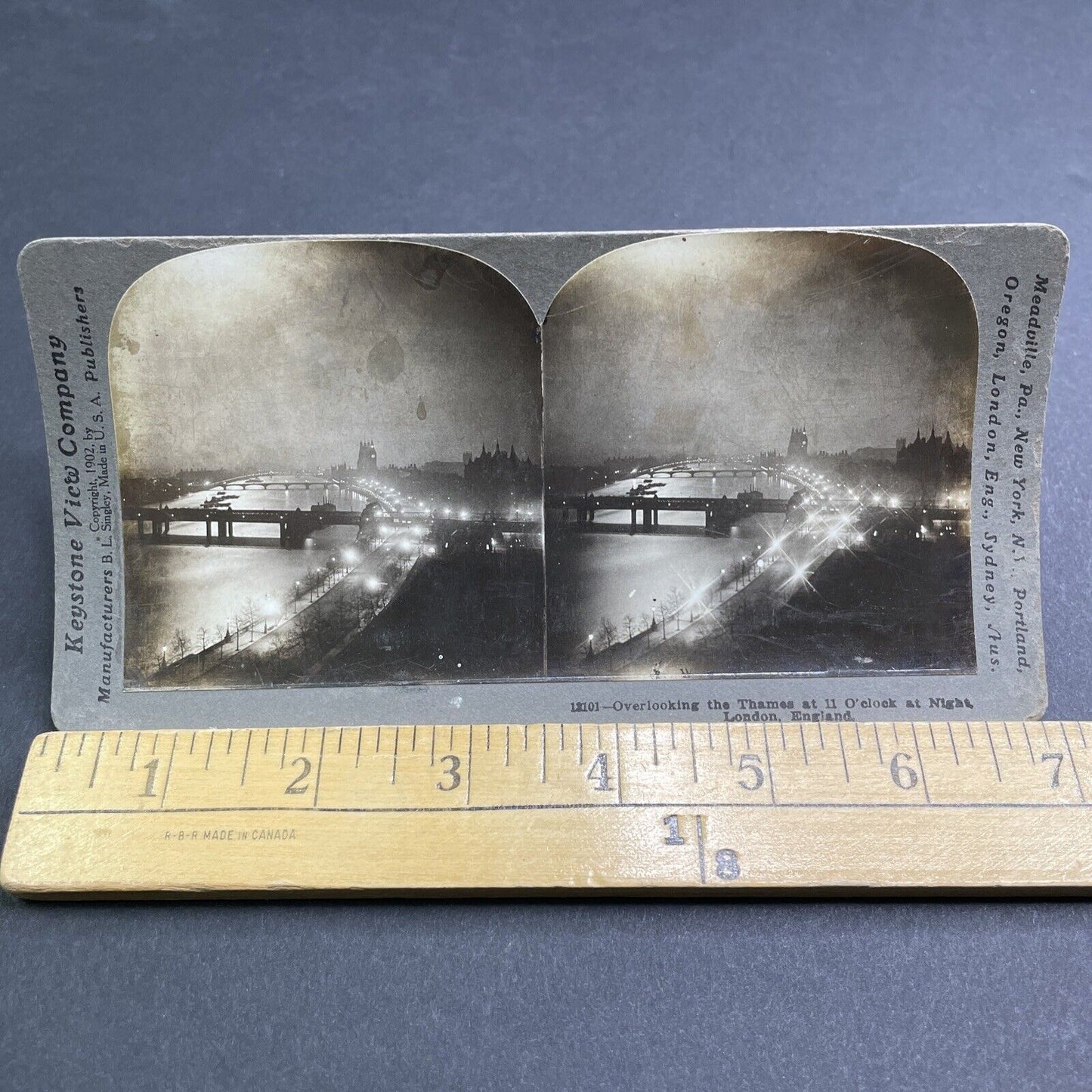 Antique 1909 London Night View Thames River Stereoview Photo Card P1907