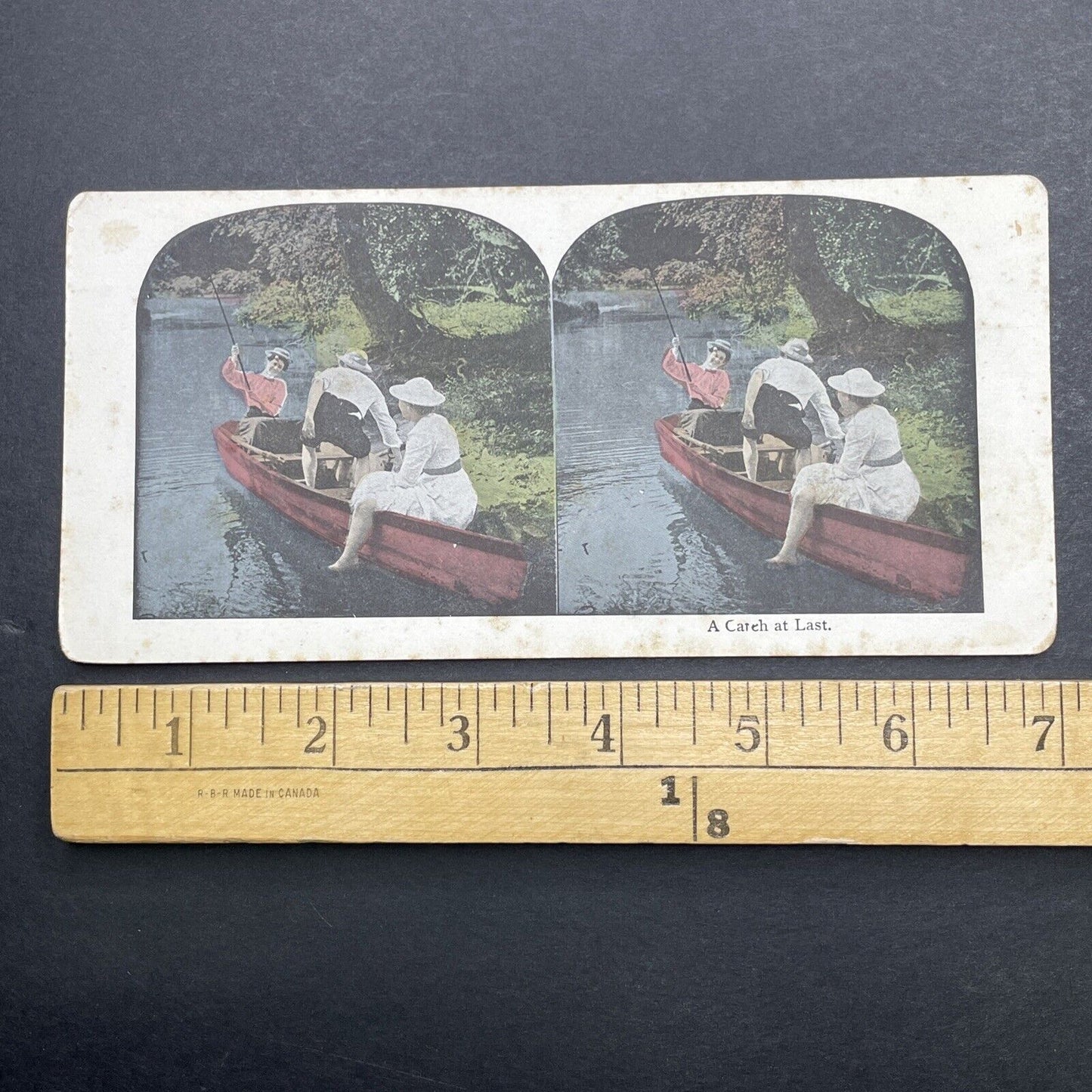 Antique 1890s Woman Hooks Man's Rear End Fishing Stereoview Photo Card P1138