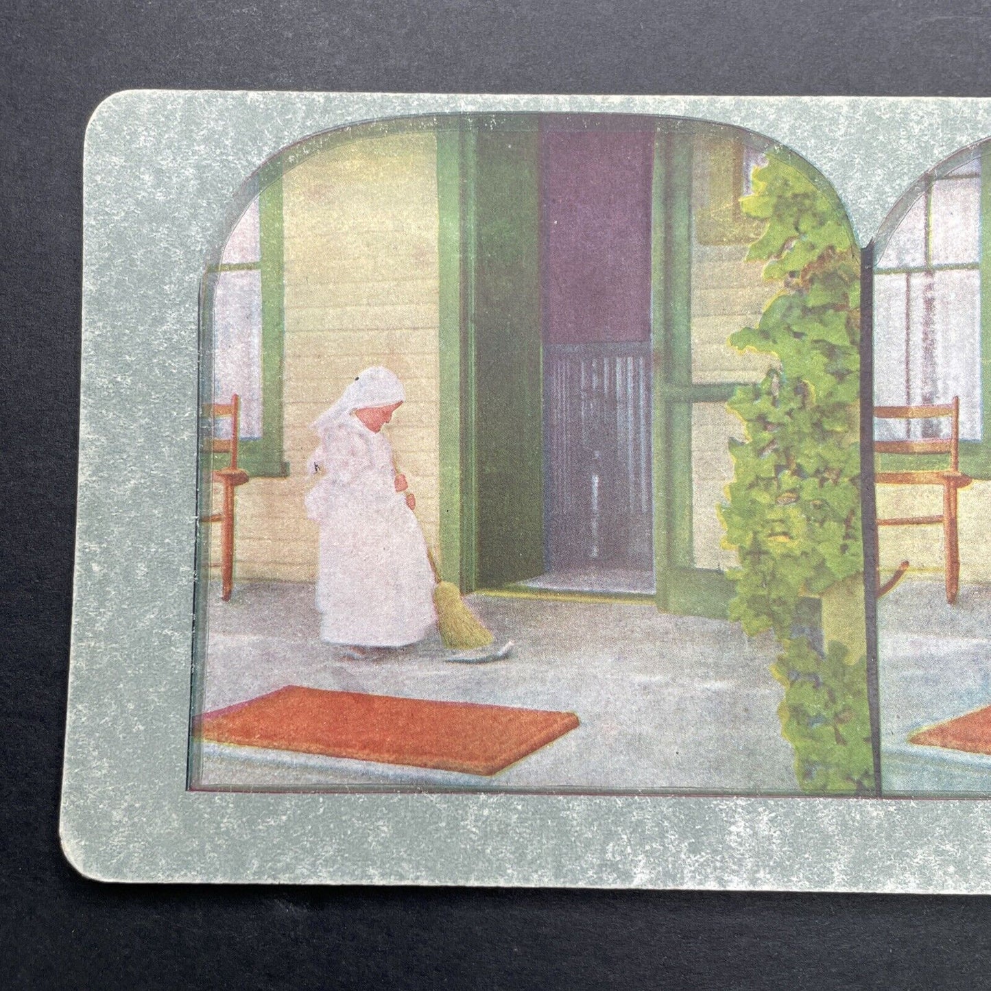 Antique 1898 Child Performs Sweeping Chores Stereoview Photo Card P580-012