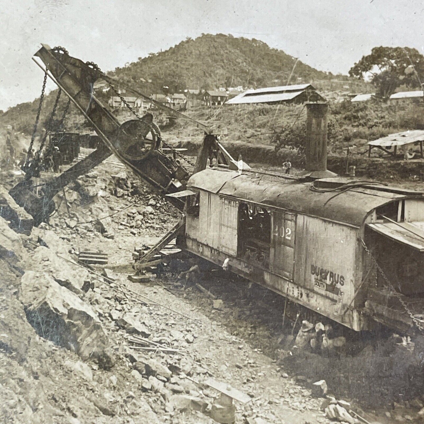 Steam Powered Excavator Shovel Stereoview Panama Antique c1907 X4143