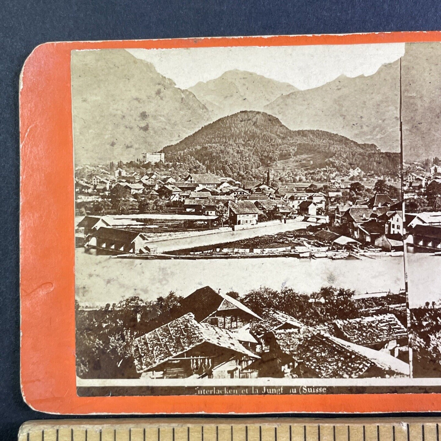 Interlacken Switzerland City View Stereoview Jungfrau Mtn Antique c1870s X4167