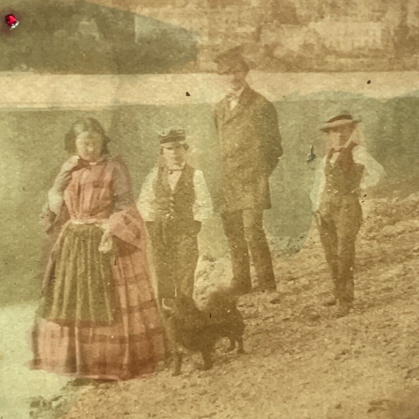 Family Plays Fetch With Dog Stereoview French Tissue Antique c1850s XT2114