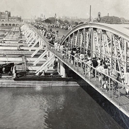 Antique 1910s Howrah Pontoon Bridge Calcutta India Stereoview Photo Card P4466