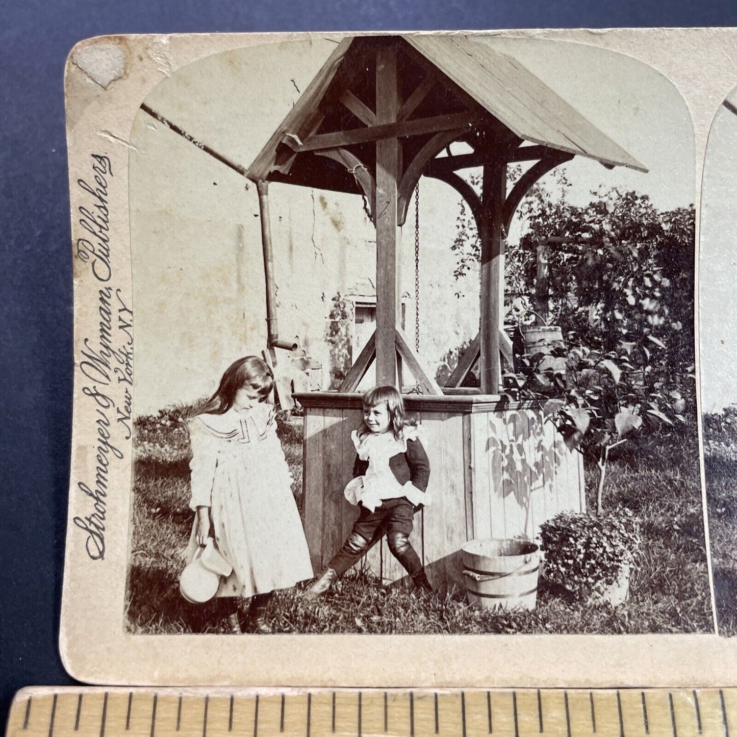 Antique 1891 Children Fetching Water From A Well Stereoview Photo Card P4115