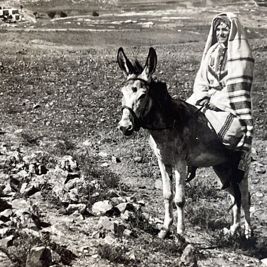 Antique 1910s Woman Riding Donkey Bareback Israel Stereoview Photo Card P4435