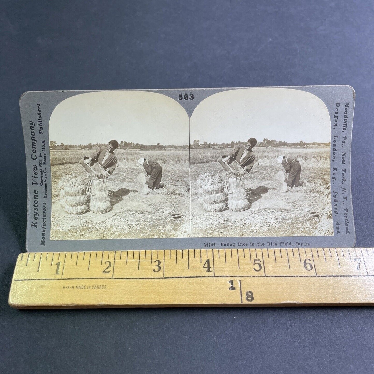 Antique 1905 Husband And Wife Bailing Rice Japan Stereoview Photo Card P2177