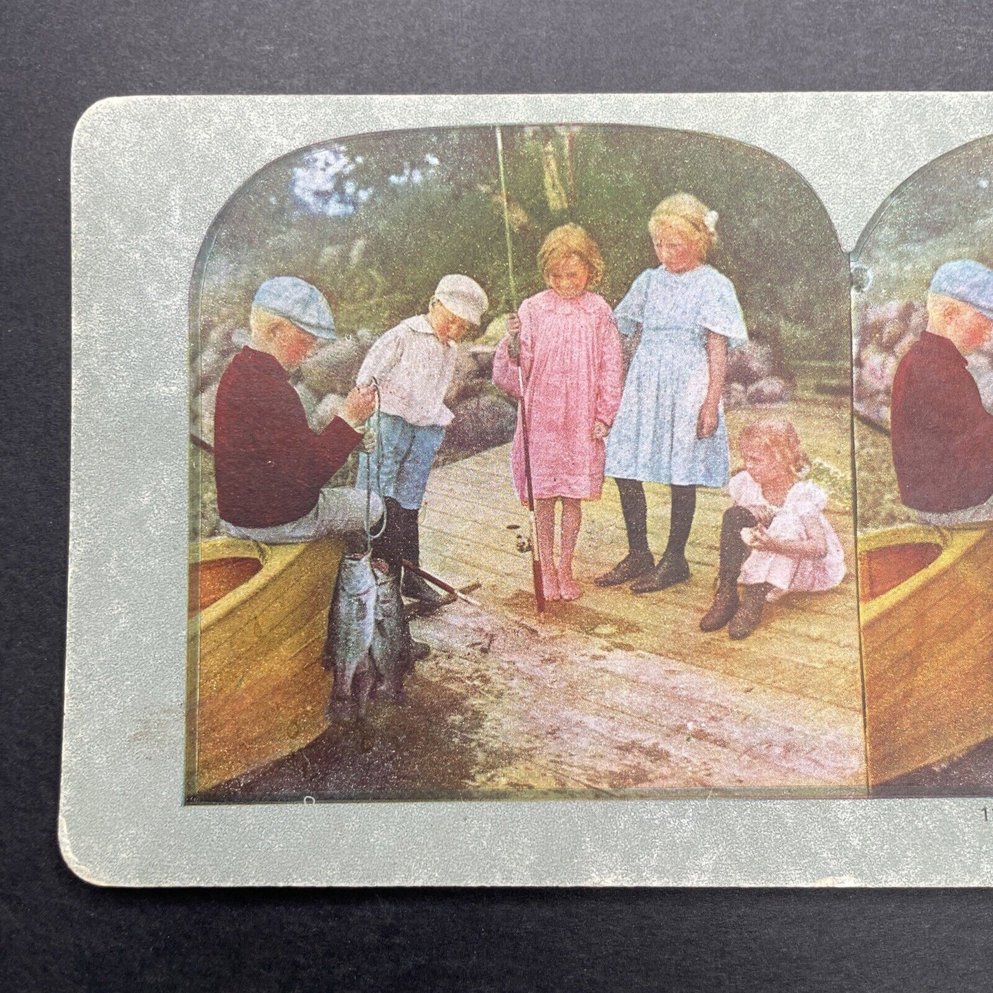 Antique 1898 Children Bass Fishing On River Bank Stereoview Photo Card P580-018