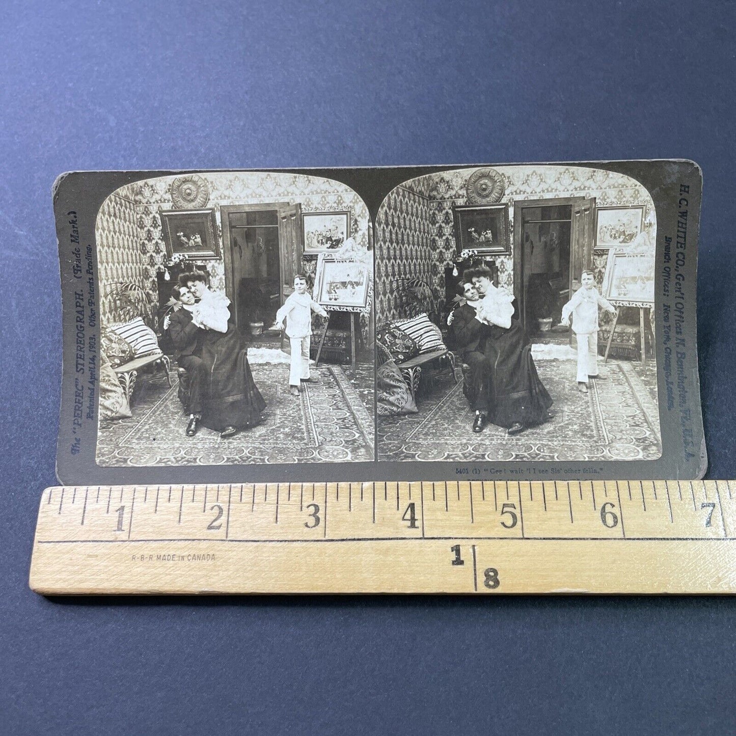 Antique 1901 Man And Woman Caught Cuddling By Boy Stereoview Photo Card P2897