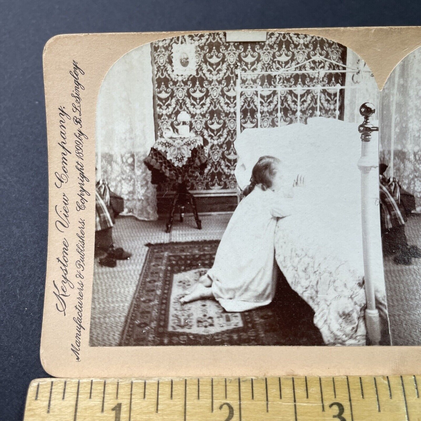 Antique 1899 Girl Says Lord's Prayer At Bedtime Stereoview Photo Card P2861