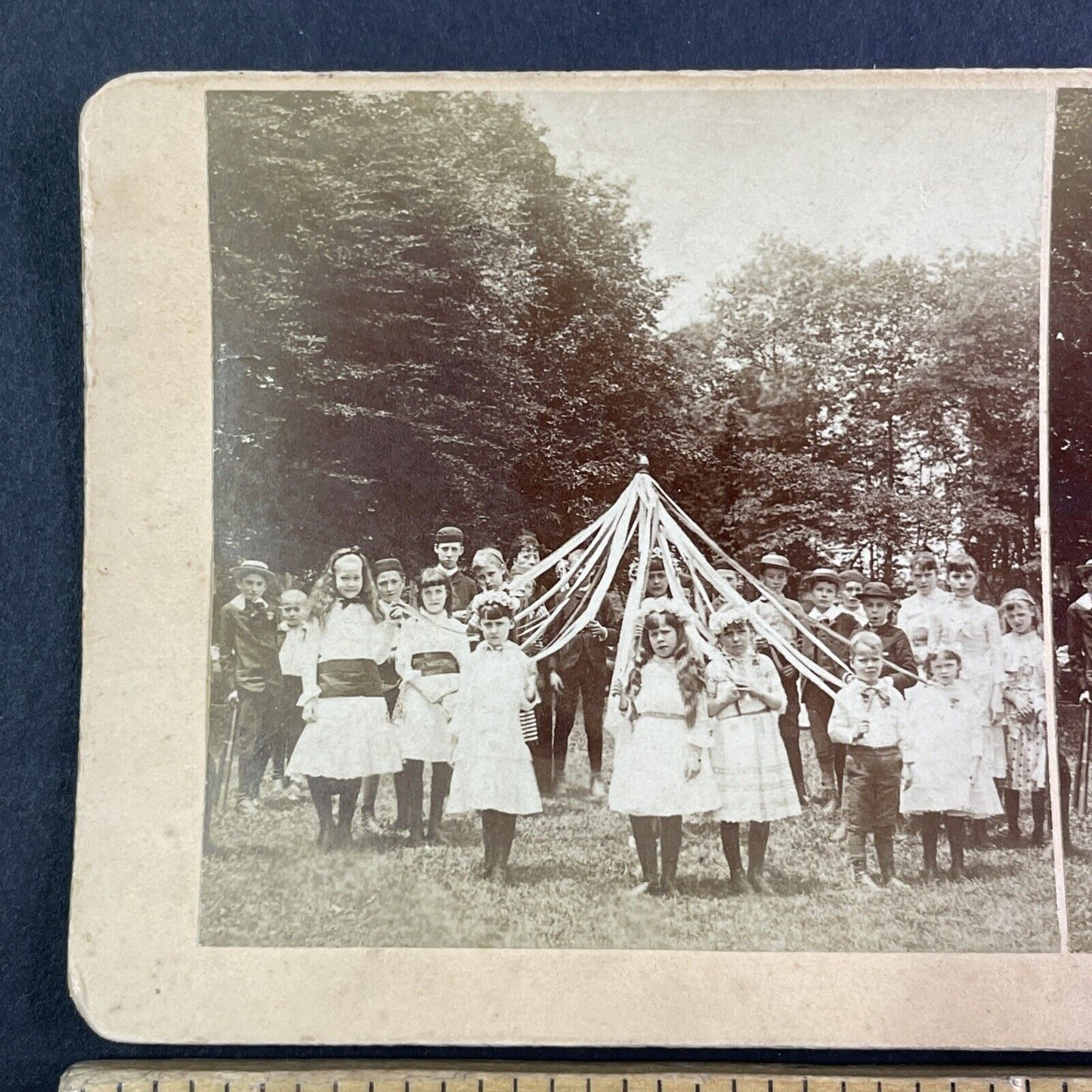 Girls Maypole Dance Boys with Baseball Equipment Stereoview Antique c1886 X4095