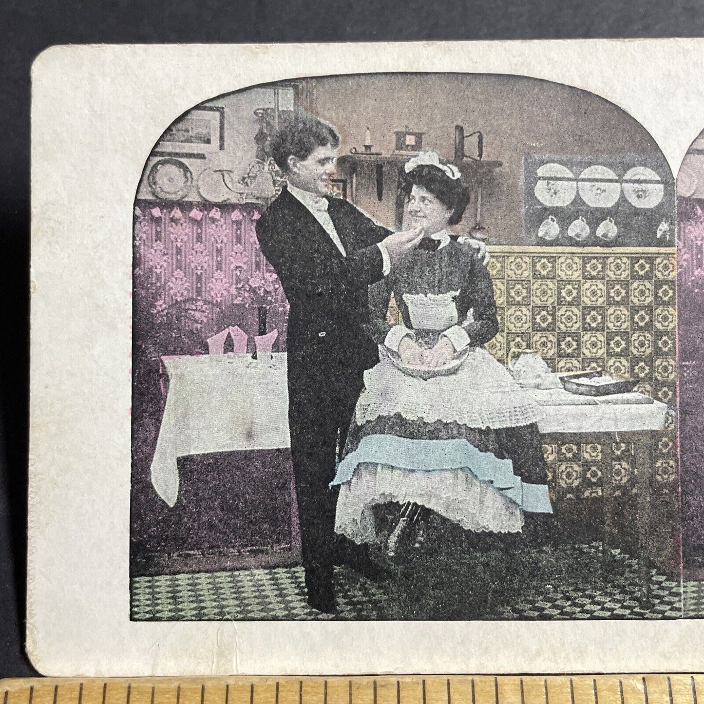 Antique 1920s Man Flirts With His French Maid Cook Stereoview Photo Card P5551