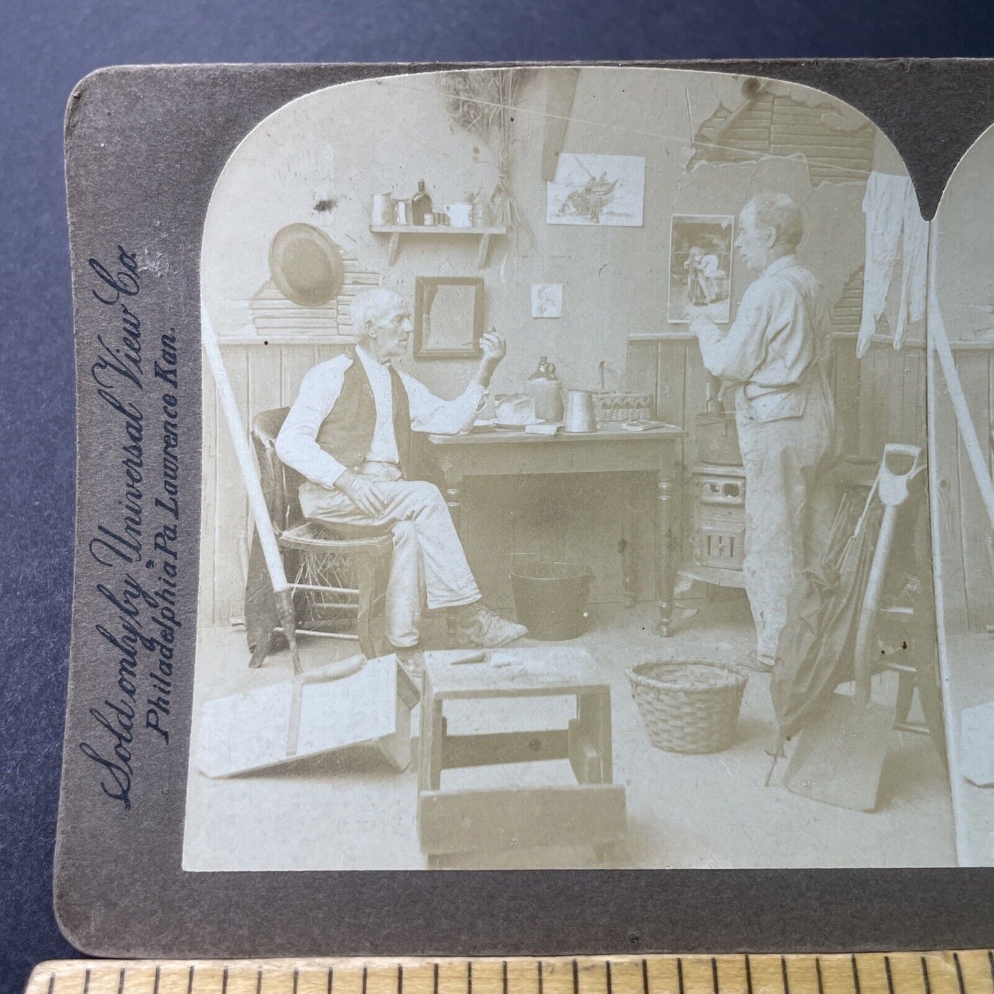 Antique 1890s Old Widowers Argue In Apartment Stereoview Photo Card P3399