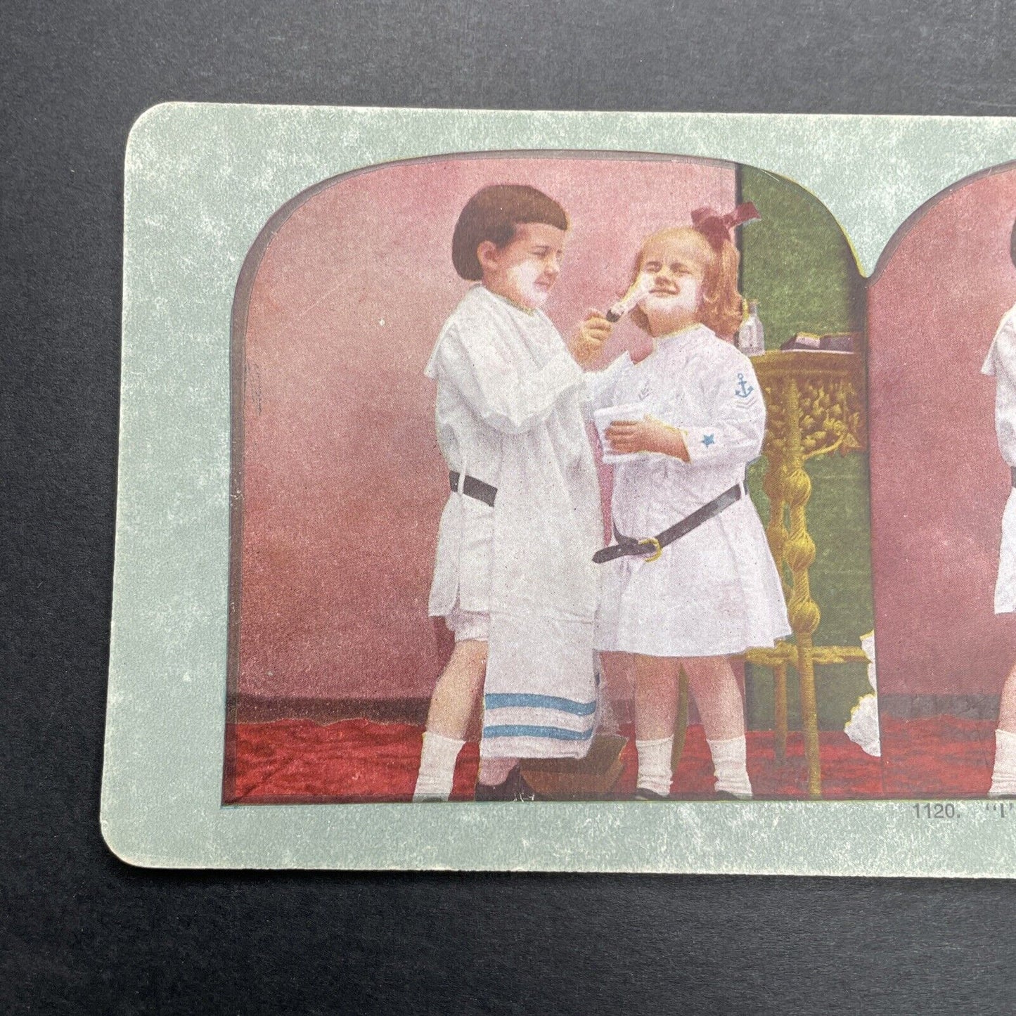 Antique 1905 Boy And Girl Play With Shaving Cream Stereoview Photo Card P1246