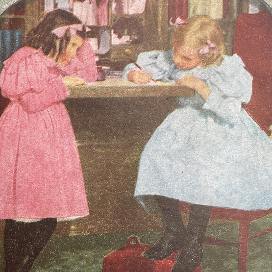 Antique 1898 Children Drawing Art Coloring Writing Stereoview Photo Card P1223