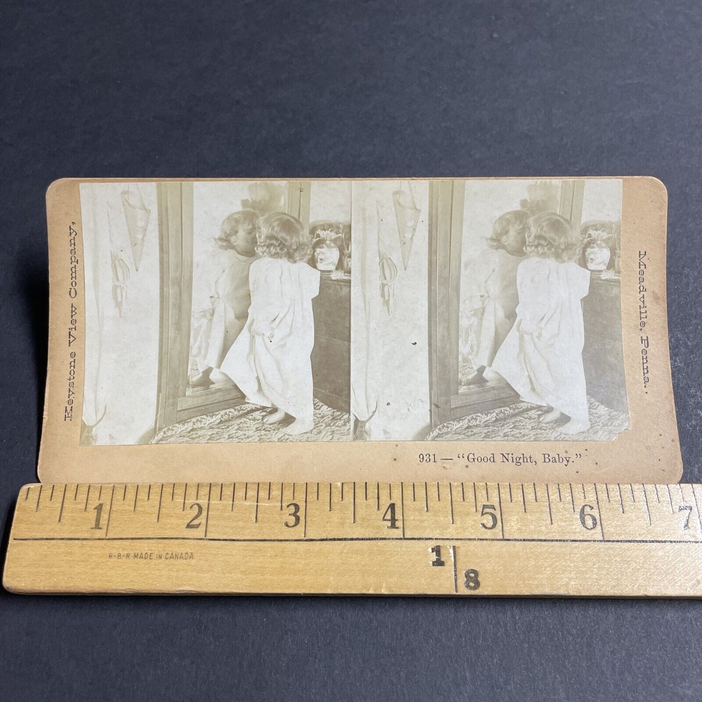 Antique 1880s Child Kisses Herself In The Mirror Stereoview Photo Card P4650