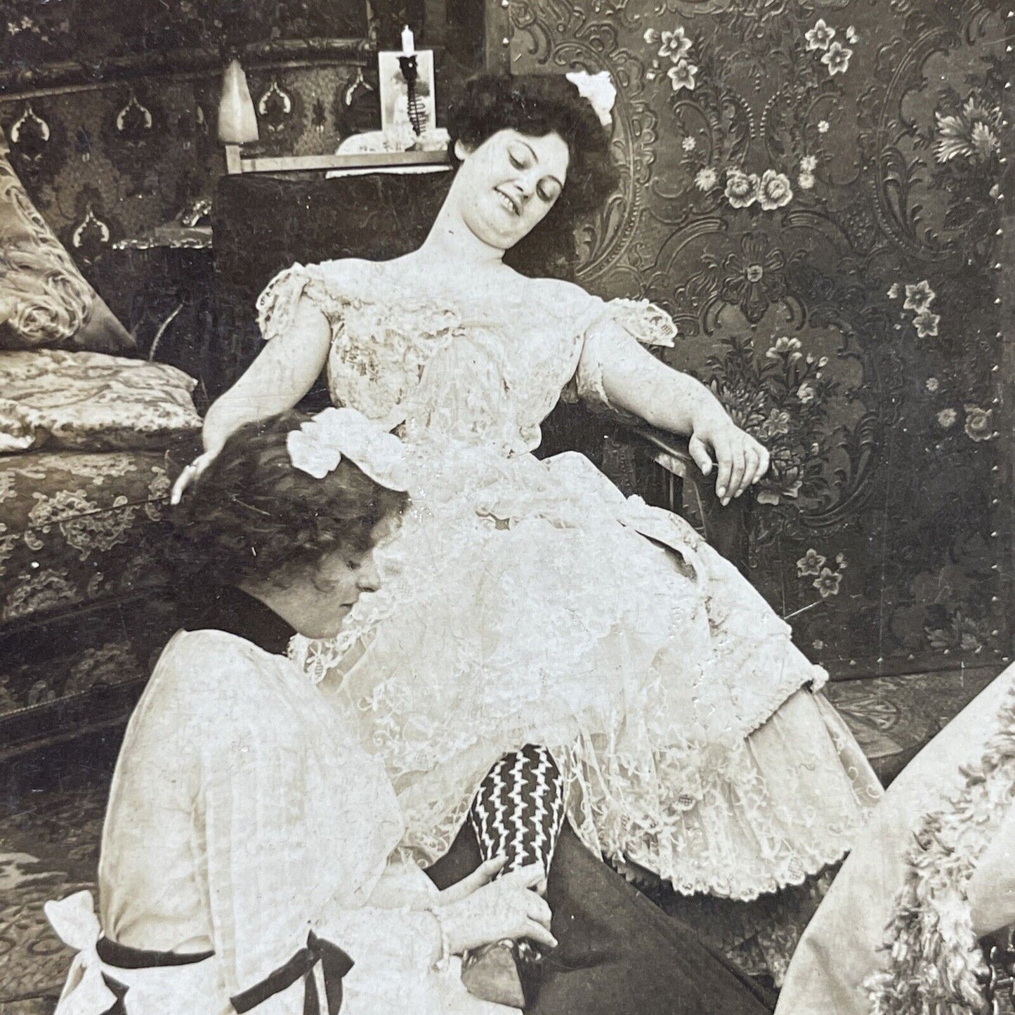 Antique 1902 Maid Massages Woman's Ankles Stereoview Photo Card P2893