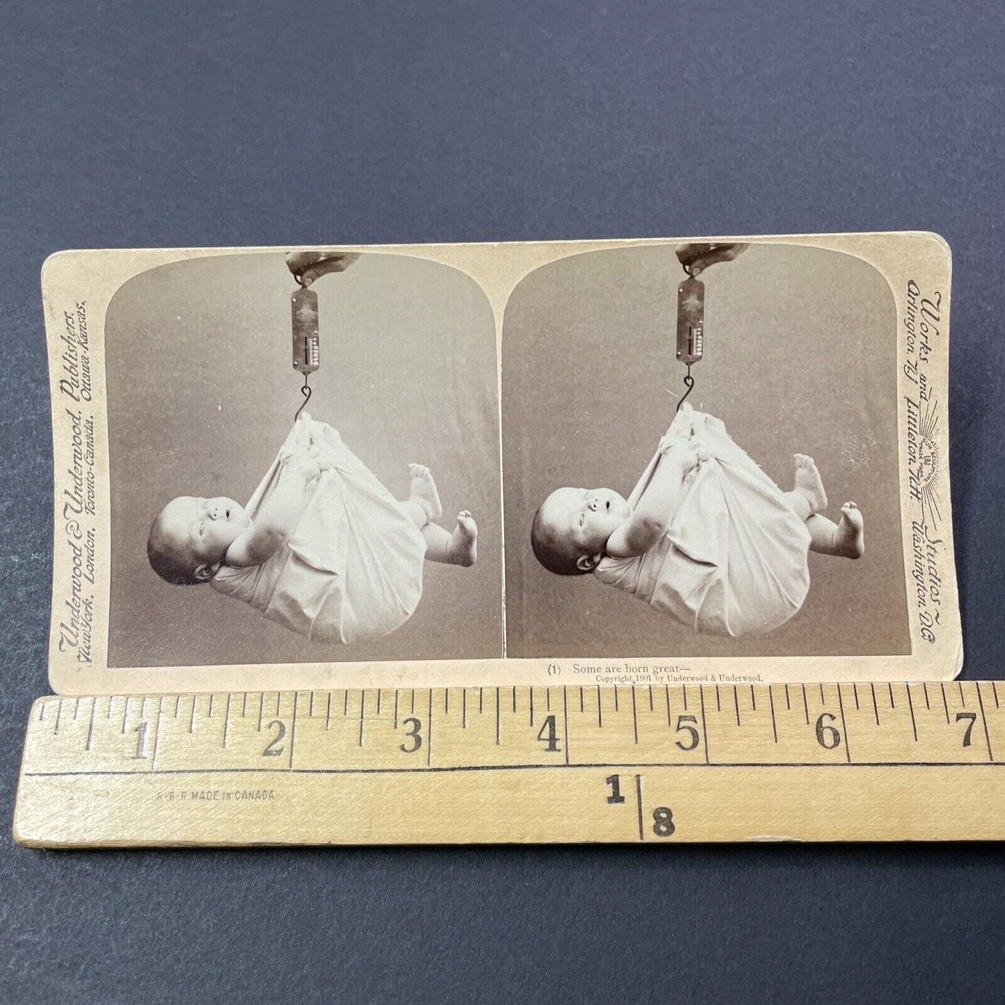 Antique 1901 Fish Scale Used To Weigh Newborn Baby Stereoview Photo Card V3294