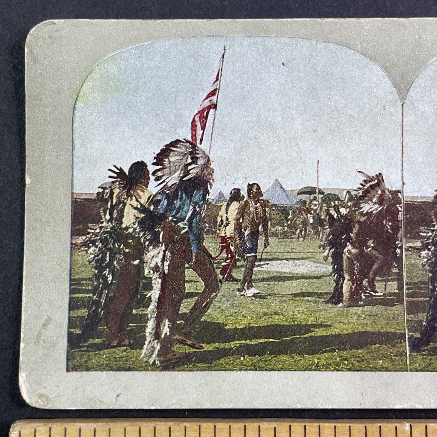 Native American Crow Tribe Dance Pow-Wow Stereoview Antique c1920s X4147