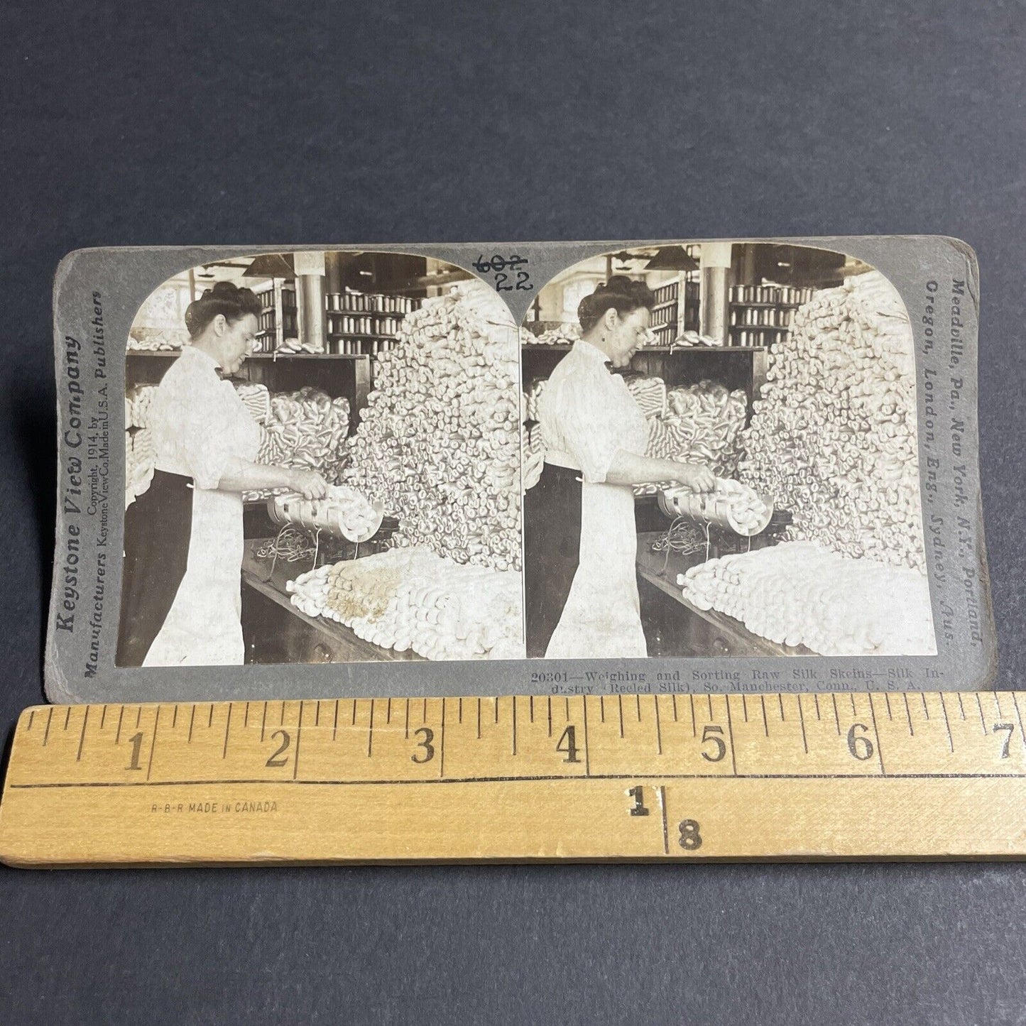 Antique 1914 Woman Weighing Raw Silk Manchester CT Stereoview Photo Card P4846