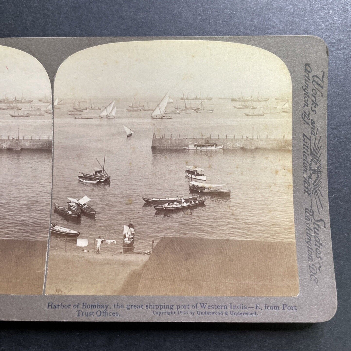 Antique 1903 Boats In Harbor Bombay India Stereoview Photo Card P1421