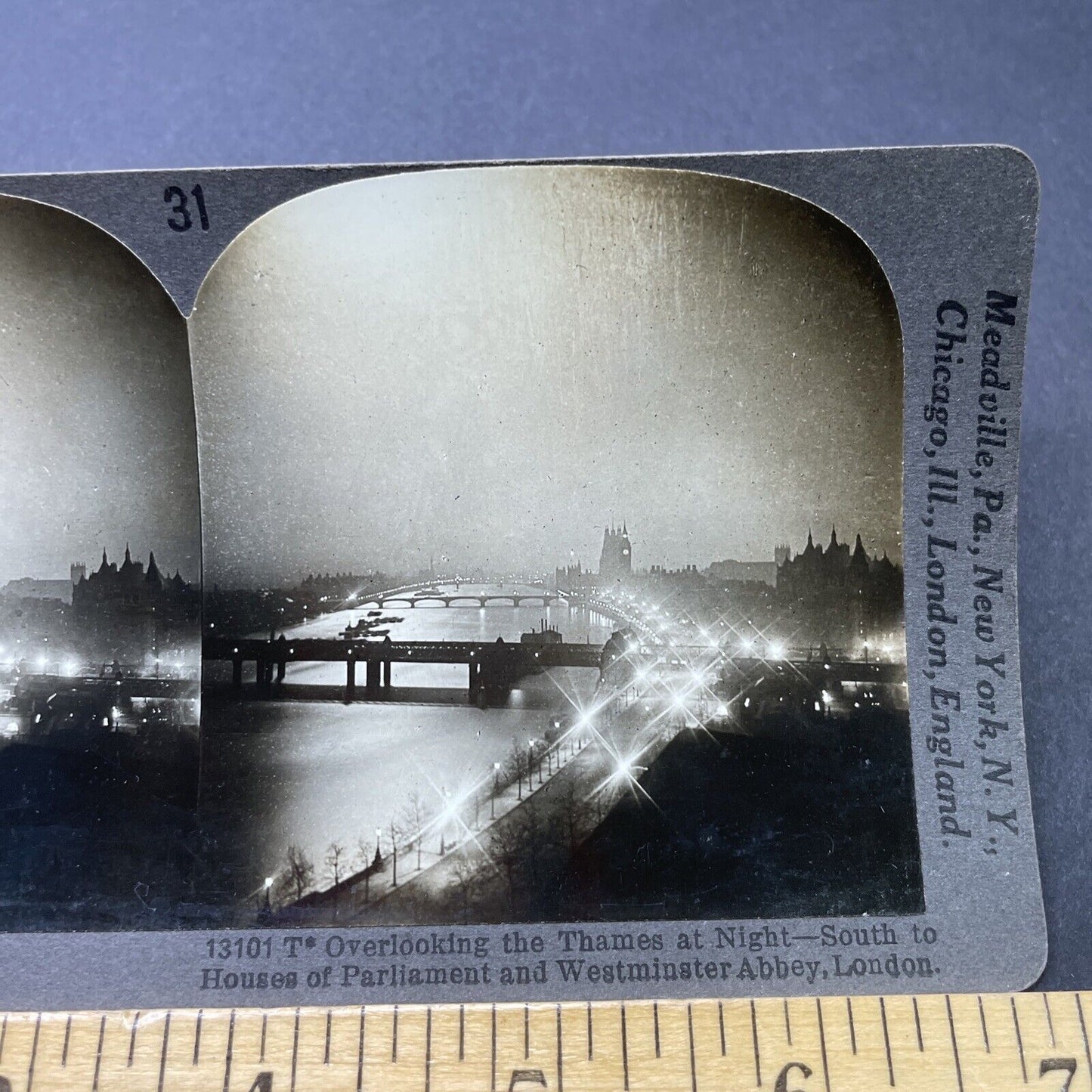 Antique 1910s Thames River At Night London England Stereoview Photo Card P2777